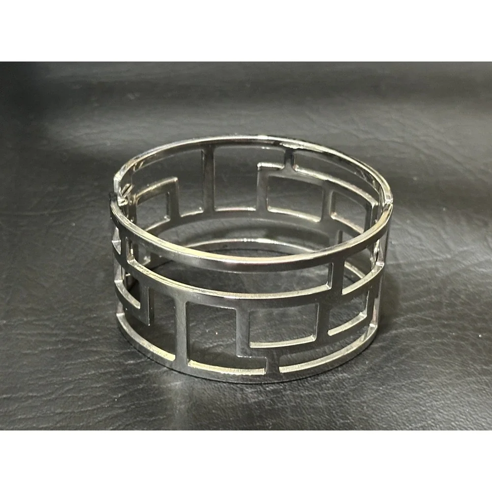 Silver‎ Tone Geometric Openwork Clamper Bracelet  Modern Architectural Statement